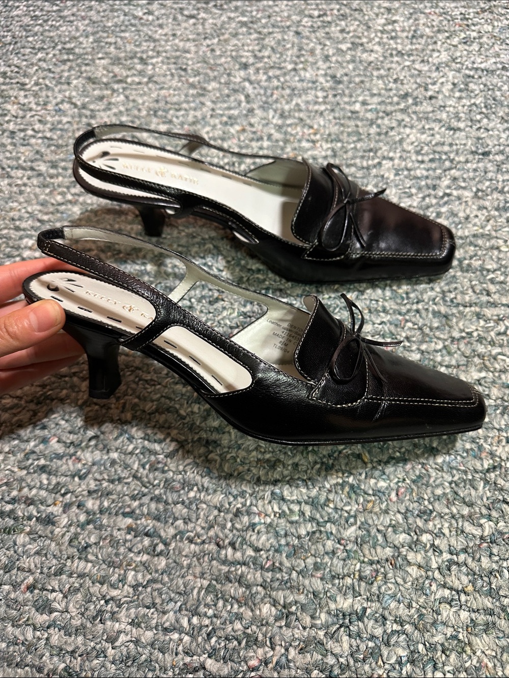 Y2K Black Leather Slingback Square Toe Kitten Mules Heels with Bows